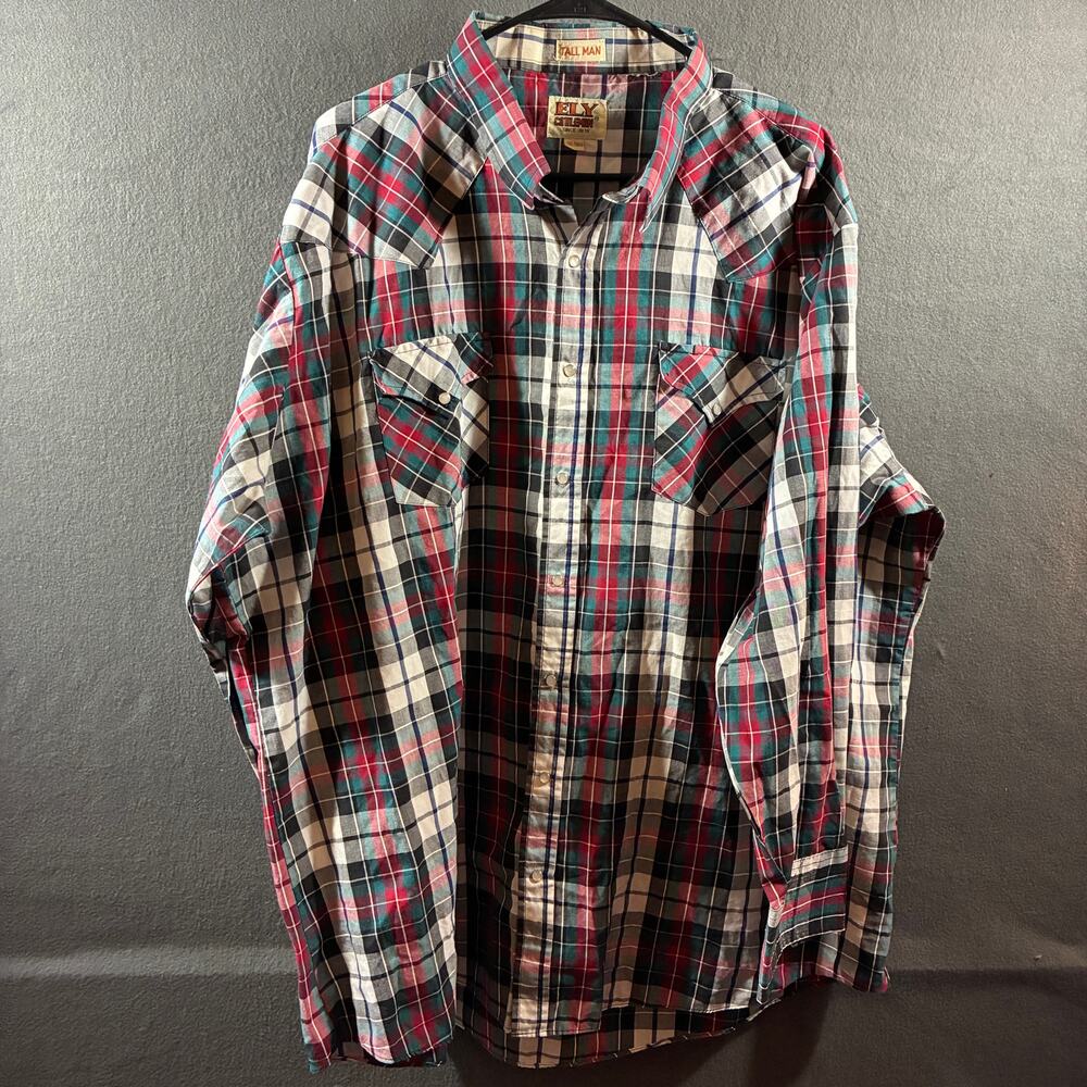 vtg ely cattleman men pearl snap shirt 3x red plaid‎ western cowboy rodeo